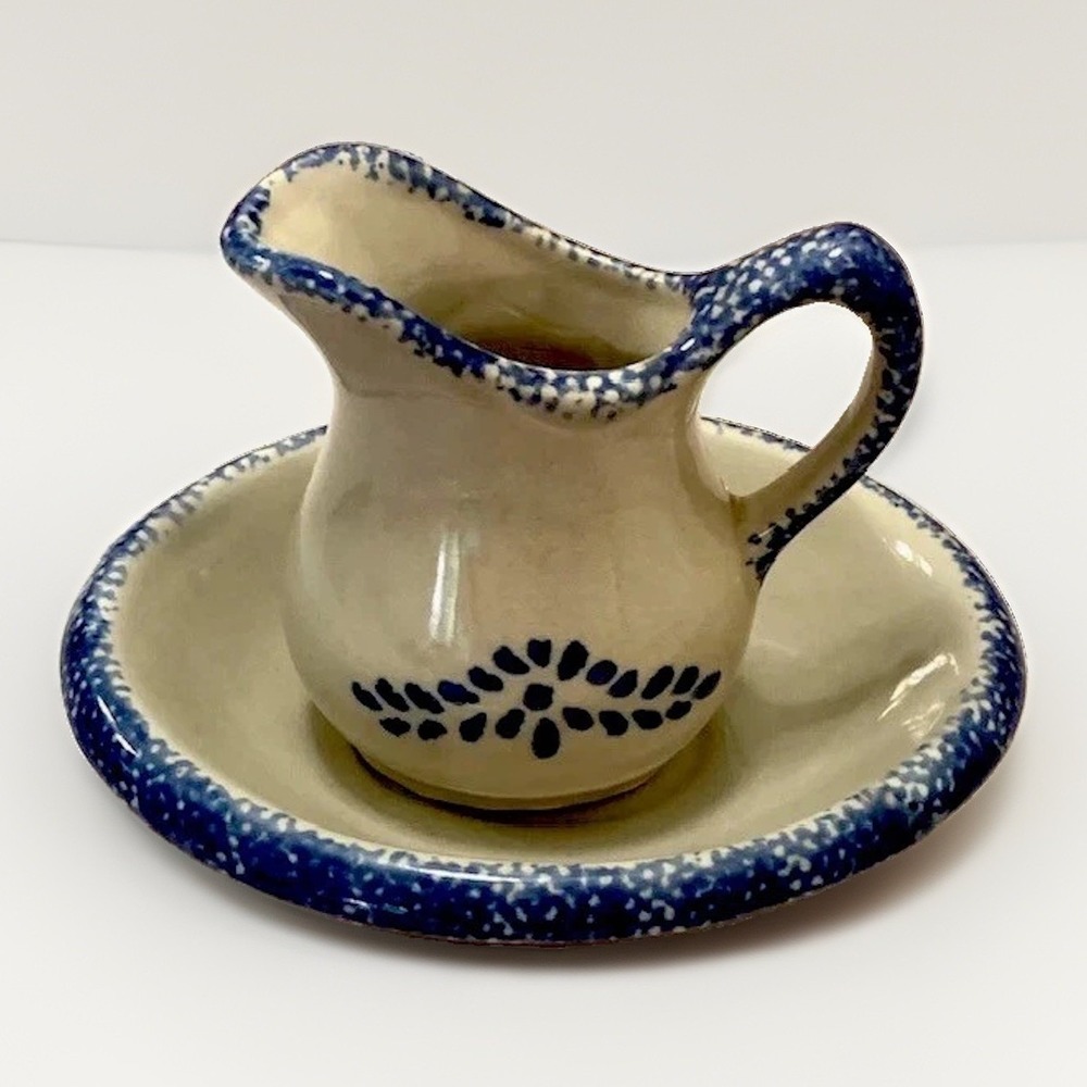 VTG Pitcher Set 2PC Blue Sponge Farmhouse Country Kitchen Folk Loomco 4.5" Mini